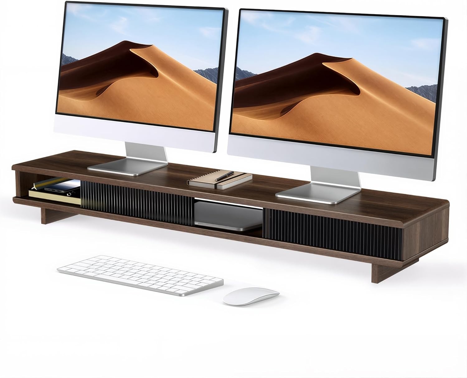 42.5" Dual Monitor Stand with Sliding Doors - Walnut Riser for Desk Storage