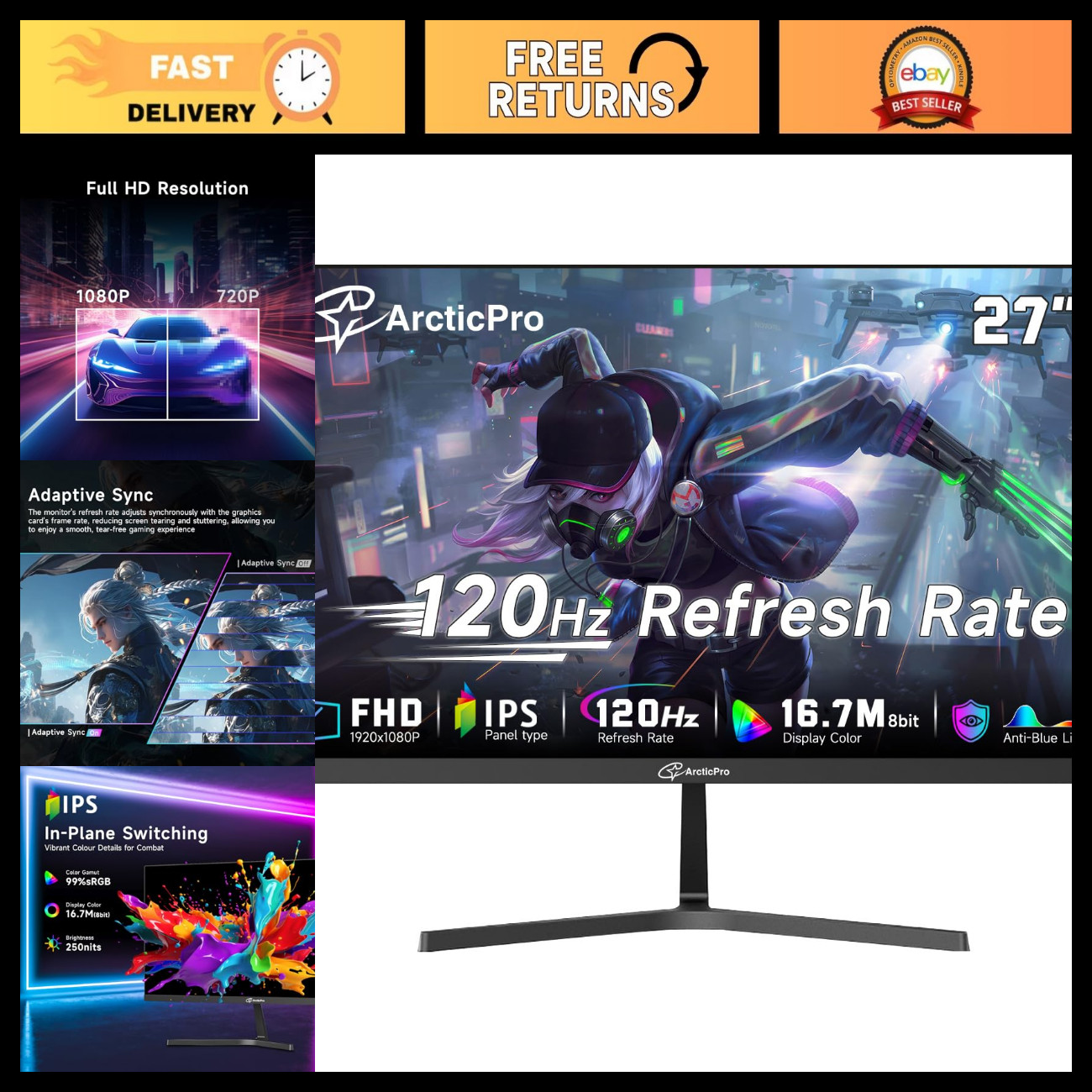 27" FHD 1080p Monitor, 120Hz Refresh Rate, IPS Display, 1ms Response Time