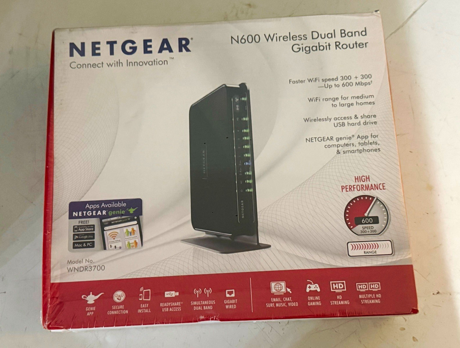 NETGEAR N600 WNDR3700 Dual-Band Gigabit Router, 4-Port, USB 2.0, Black