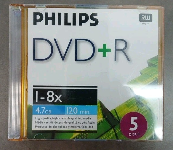 Philips 5 Pack DVD+R 4.7 CD High Speed 1 8X 700MB 120 Minutes New w Jewel Cases