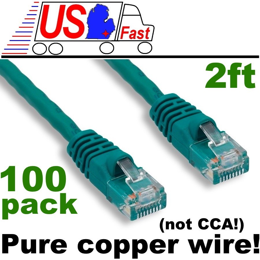 Lot100pk PURE COPPER (notCCA) 2ft short RJ45 Cat5 Ethernet Cable/Cord/Wire{GREEN