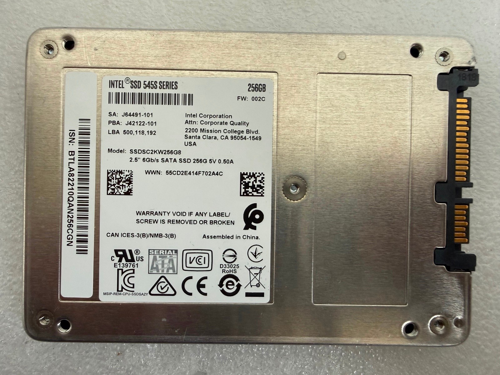Intel SSD 545s Series 256GB 2.5" SATA 6Gb/s SSDSC2KW256G8