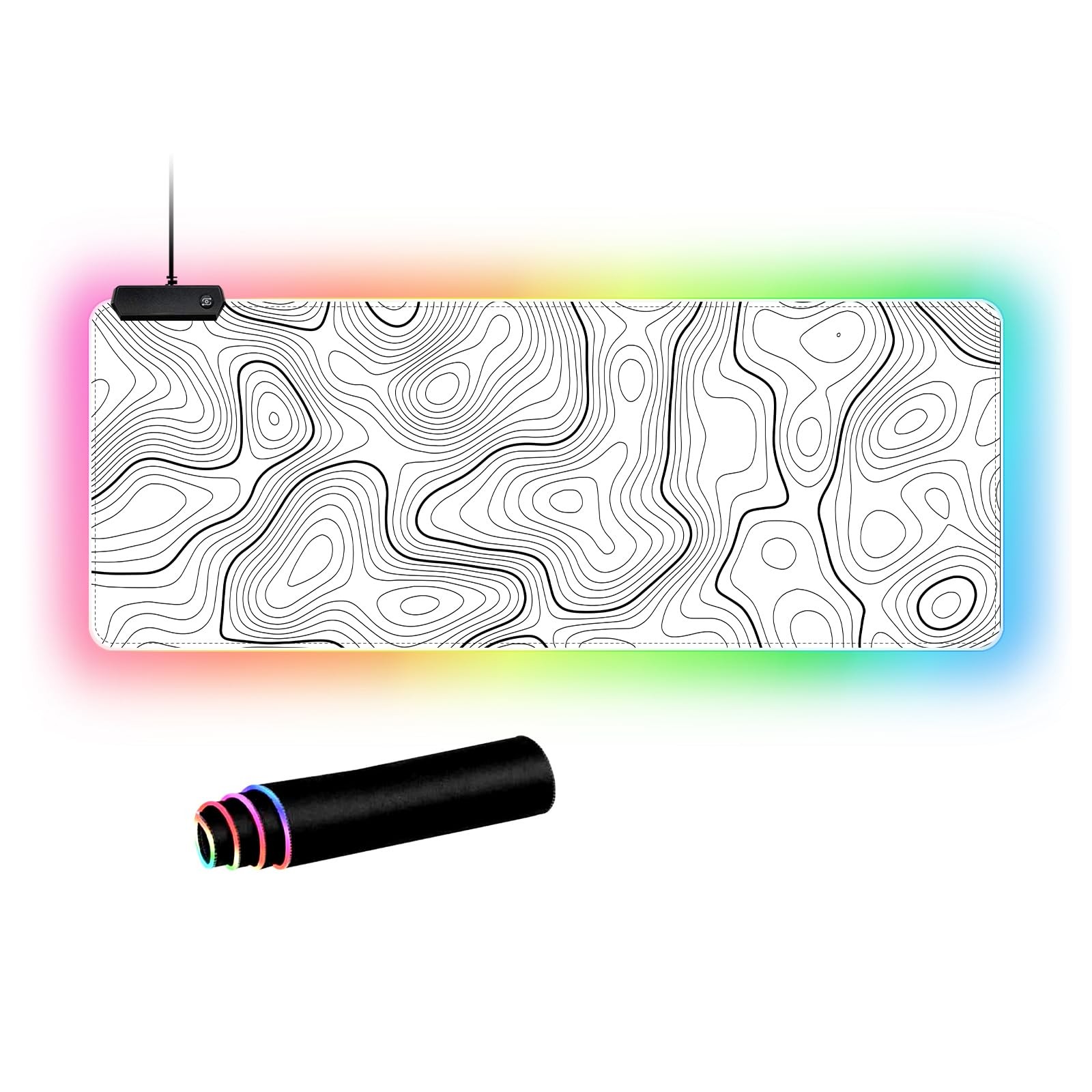 RGB Mouse Pad LED Desk Mat Large Gaming Mousepad White with Black Topographic