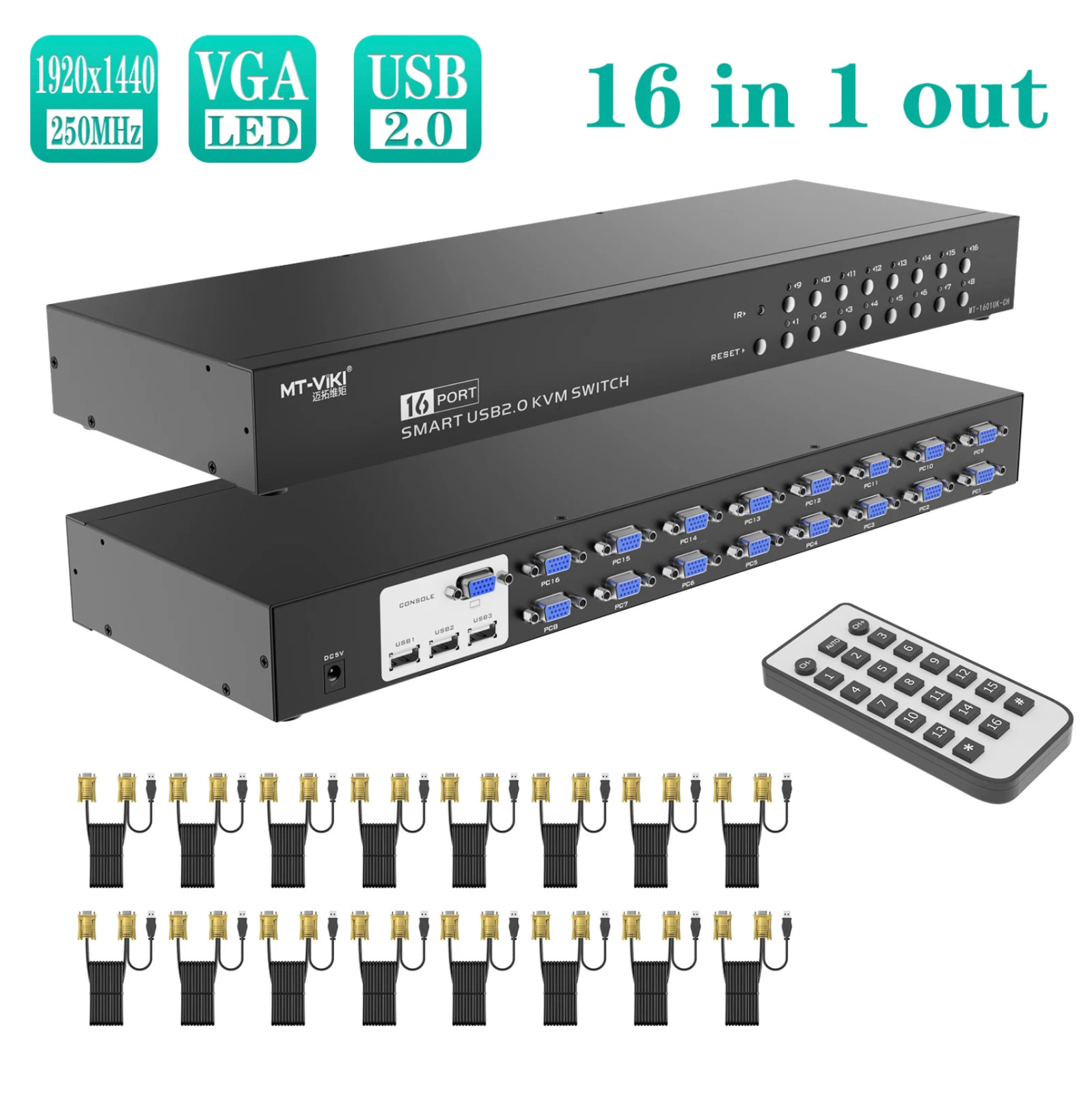 MT-VIKI 16 Port VGA KVM Switch Fit 1U 19''Rack Console Included 16 KVM Cables