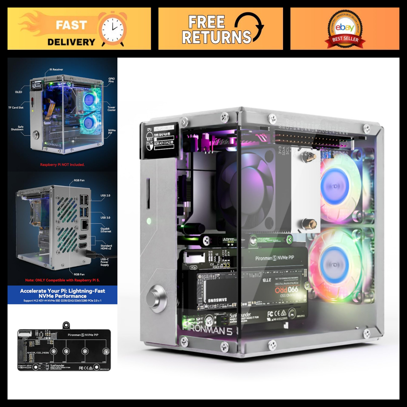 Mini PC Case for Raspberry Pi 5, NVMe M.2 SSD, Dual RGB Fans, OLED Module, Safe