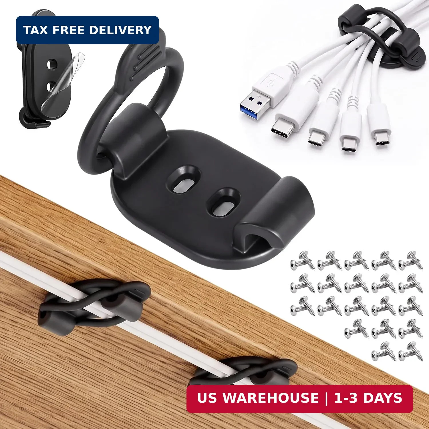 20 Pack Cable Management Clips, Adhesive Cord Organizer-Black