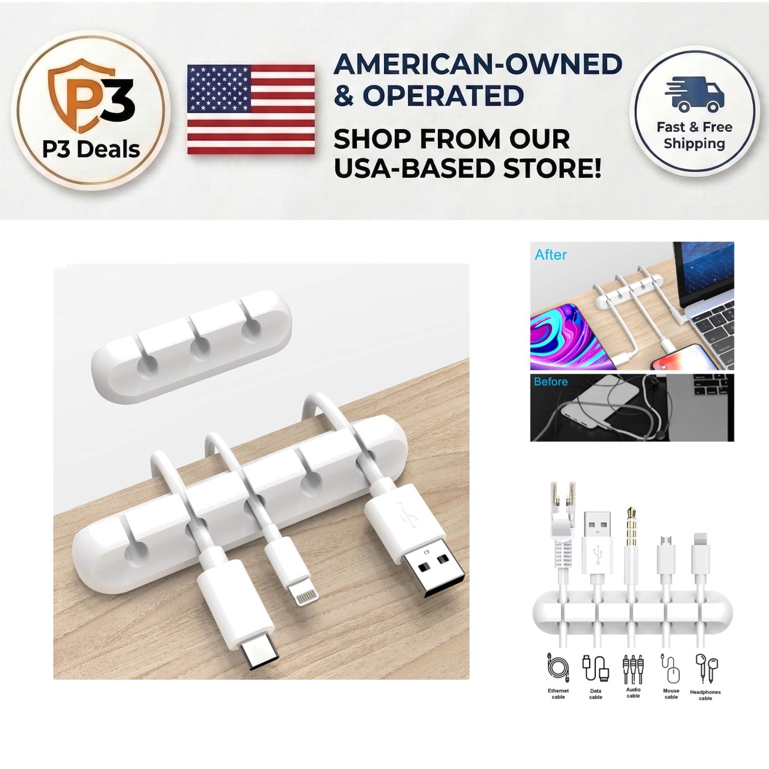 Versatile Cable Management Clips - 2-Pack Silicone Organizers for Home & Office