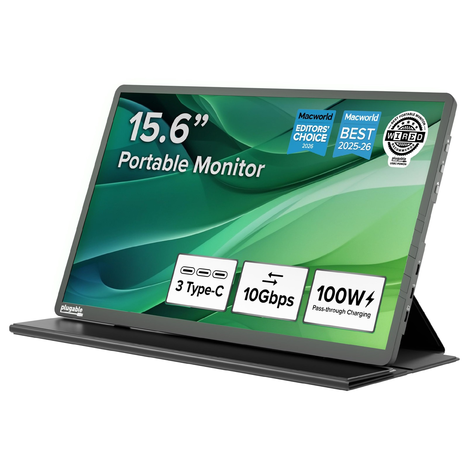 Plugable 15.6" USB-C Portable Monitor with 100W Pass-Through 15.6 Inch, Black