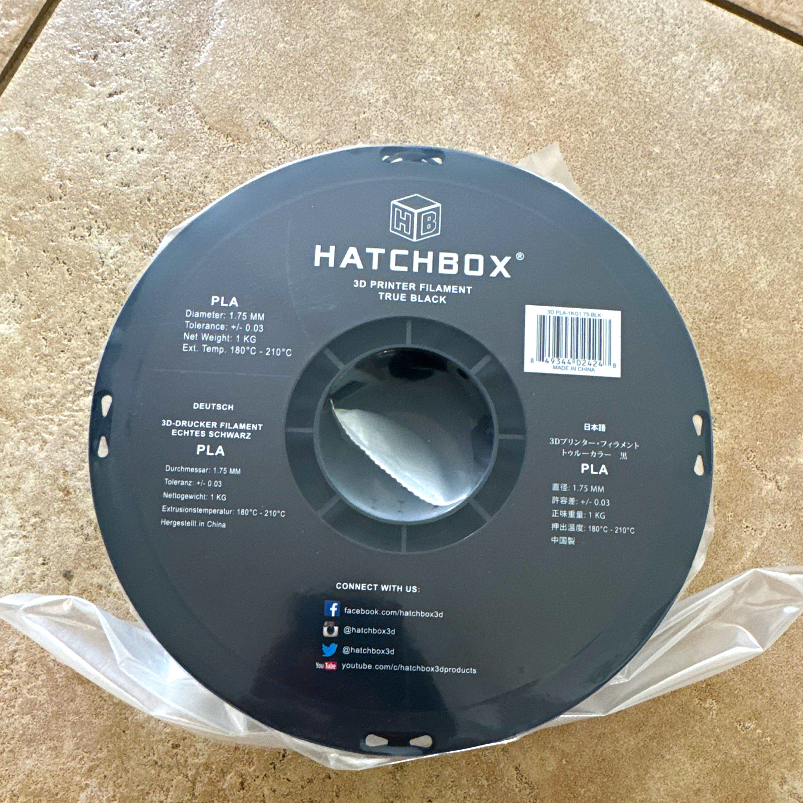 HATCHBOX PLA 3D Printer Filament 1.75mm True Black 1kg Spool