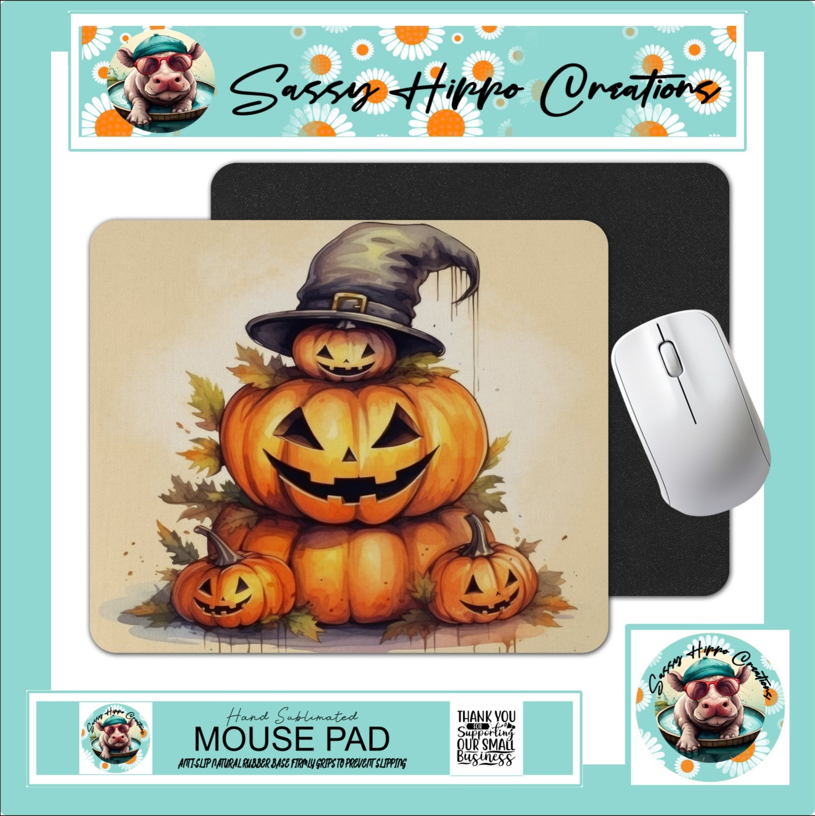 Mouse Pad Jack O Lantern Pumpkin Witch Hat Halloween Anti Slip Back Easy Clean