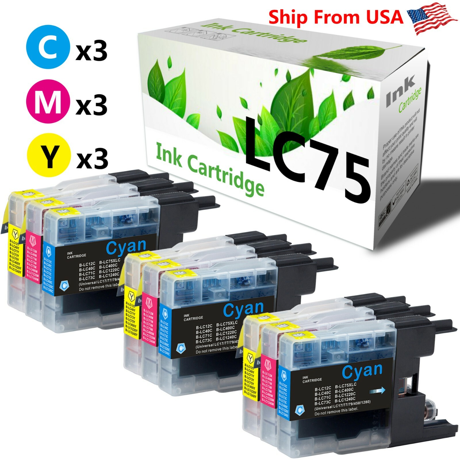 9-PacK LC75 LC75XL LC-75 Ink Cartridge for MFC-J280W MFC-J625DW Inkjet Printer
