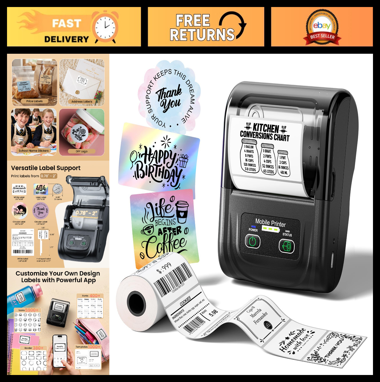 High-Speed Bluetooth Thermal Label Maker - 2-Inch Portable Label Printer