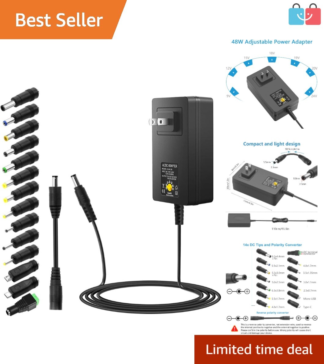 Adjustable 9V~24V Power Supply with 14 Interchangeable Tips – Compact & Reliable