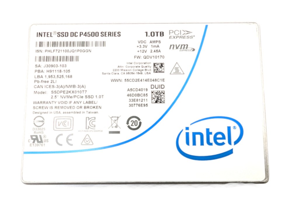 Intel SSD DC P4500 2.5" 2.5" 1TB NVMe/PCIe SSDPE2KX010T7 Solid State Drive