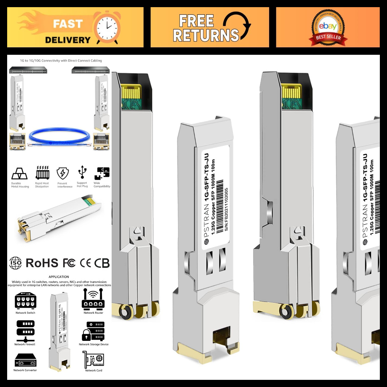 1000BASE-T SFP RJ45 Copper Transceiver Module 4 Pack, Compatible with QFX/SRX/EX