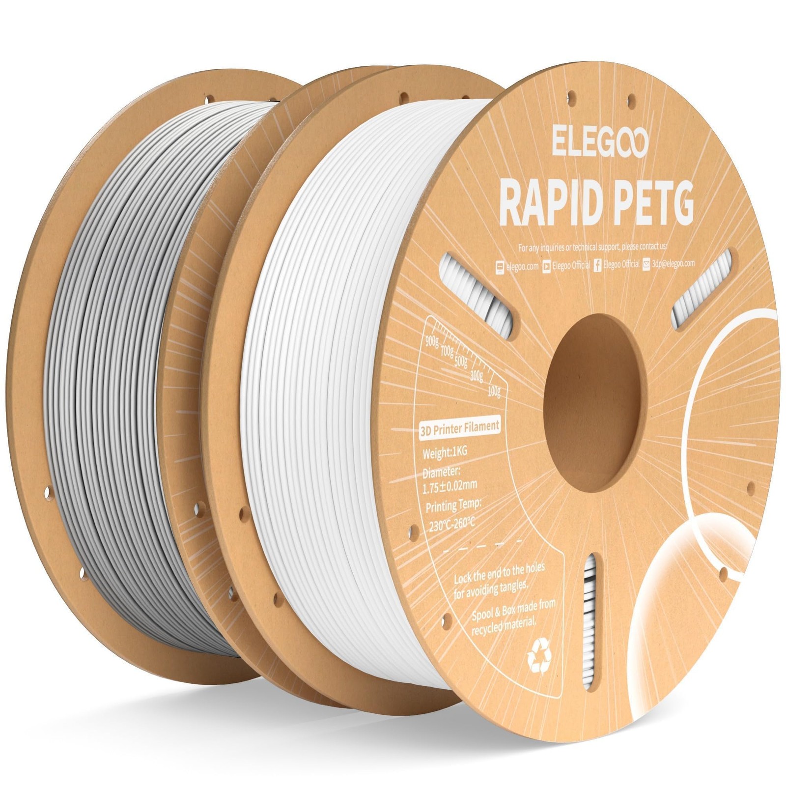 ELEGOO Rapid PETG 3D Printer Filament Bundle 1.75mm White/Gray 2KG