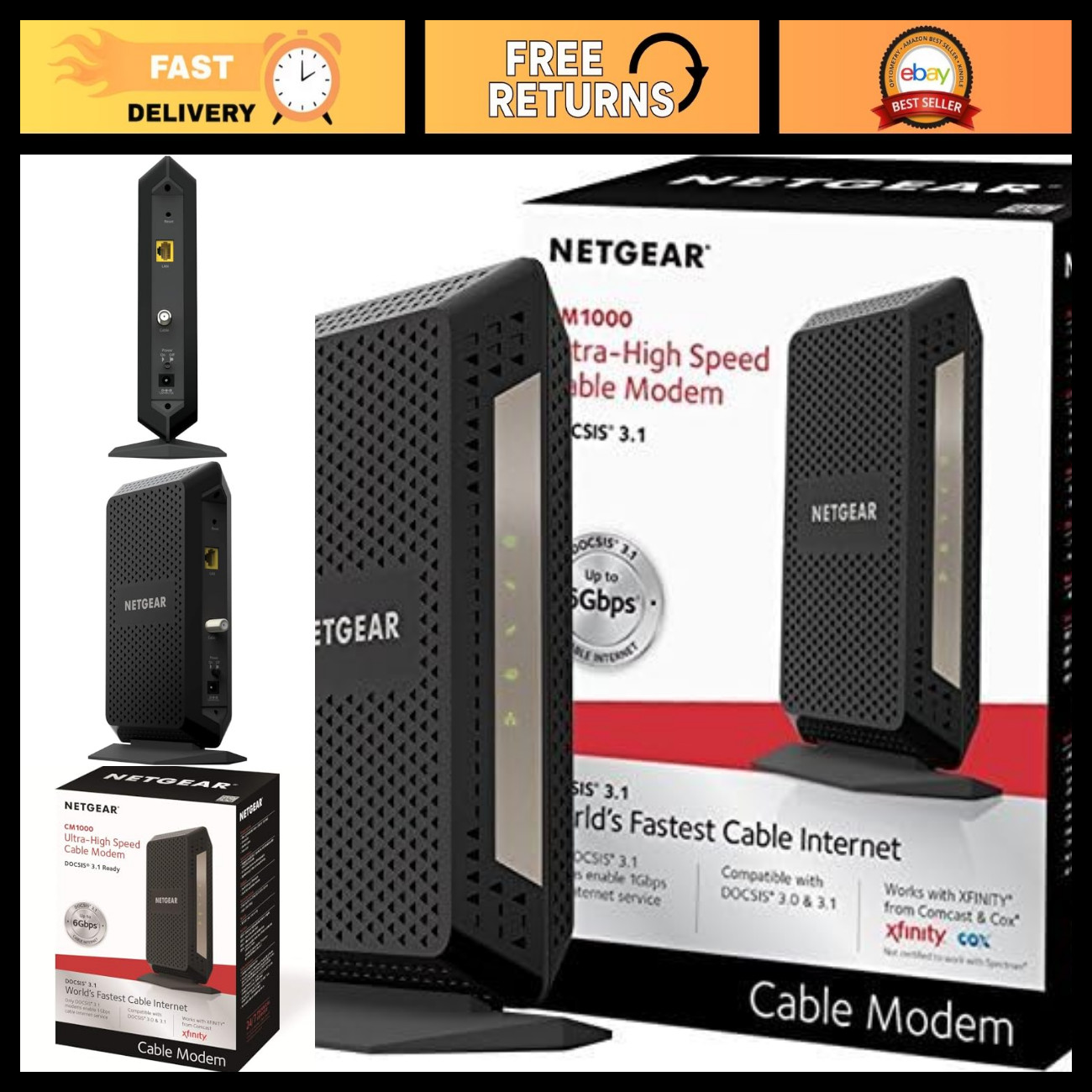 Ultra-High Speed DOCSIS 3.1 Cable Modem - Renewed, Black, High Performance, Fast
