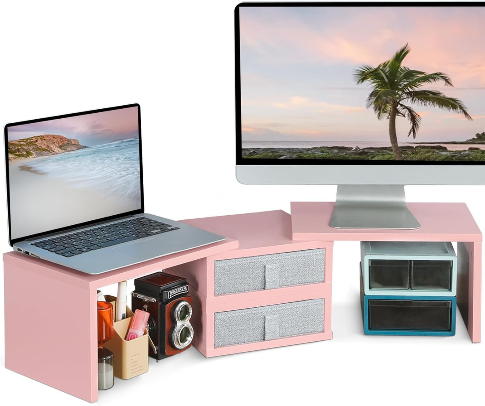Pink Dual Monitor Stand Riser with Drawers and Adjustable Length 37 Inch for