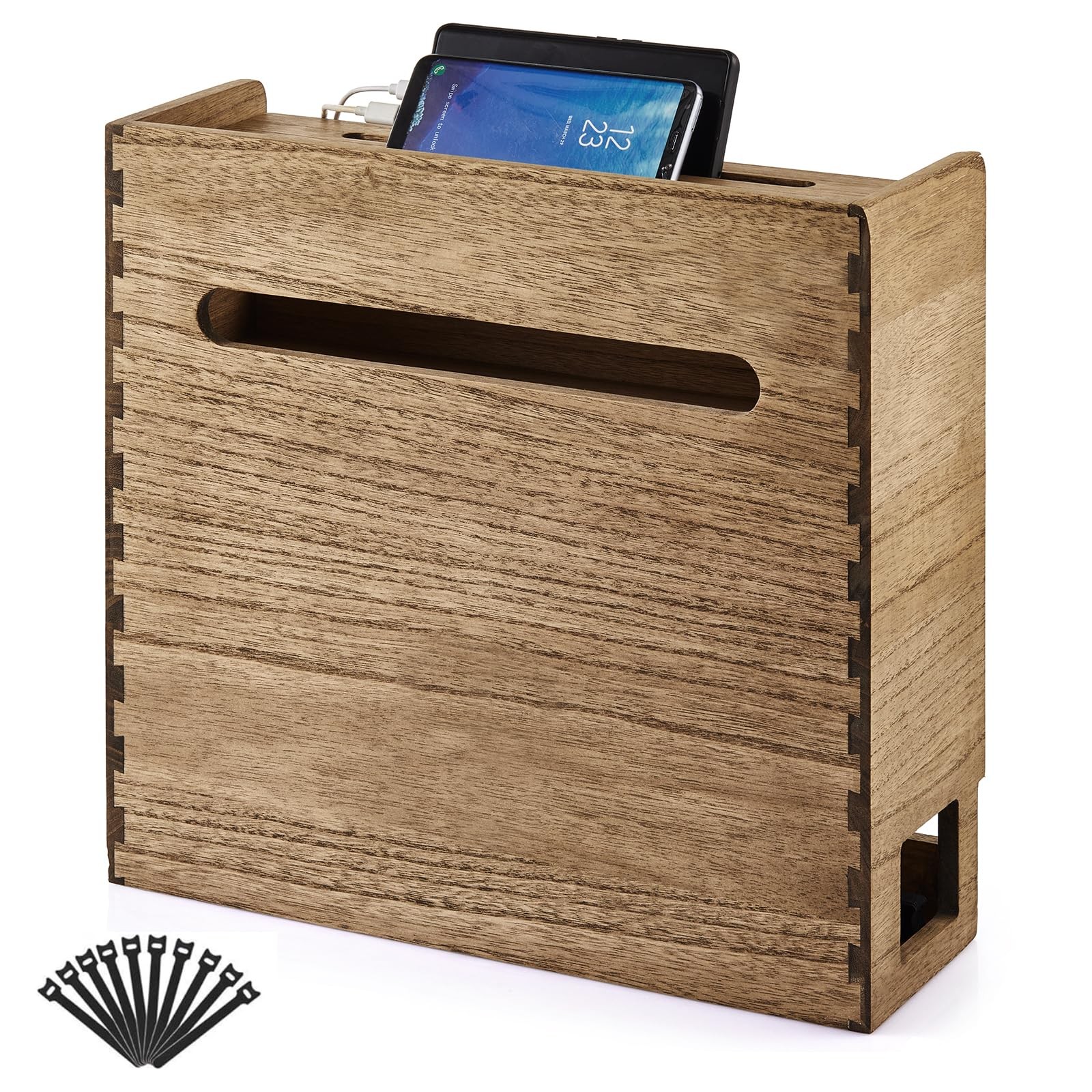 KIRIGEN Wooden WiFi Router Storage Box, 3-Tier Cable Organizer, Brown