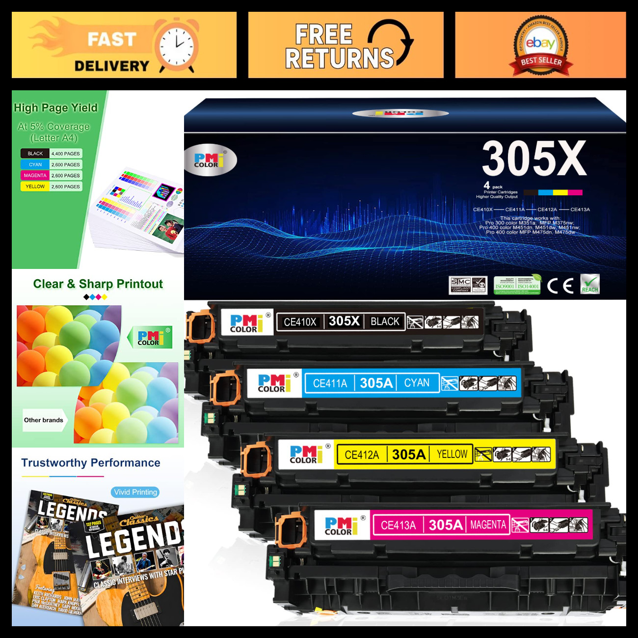 4 Pack Compatible Toner Cartridges for HP LaserJet Pro 400 Color 305A 305X