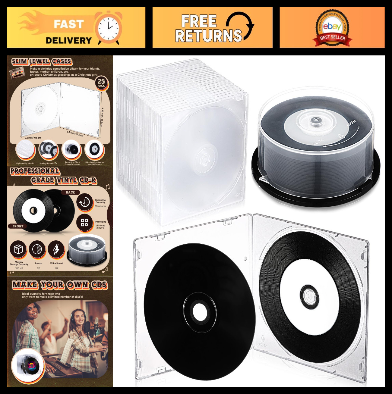 25 Pcs 700MB Recordable Blank Discs 80 Min 52X Inkjet Printable with Jewel Cases
