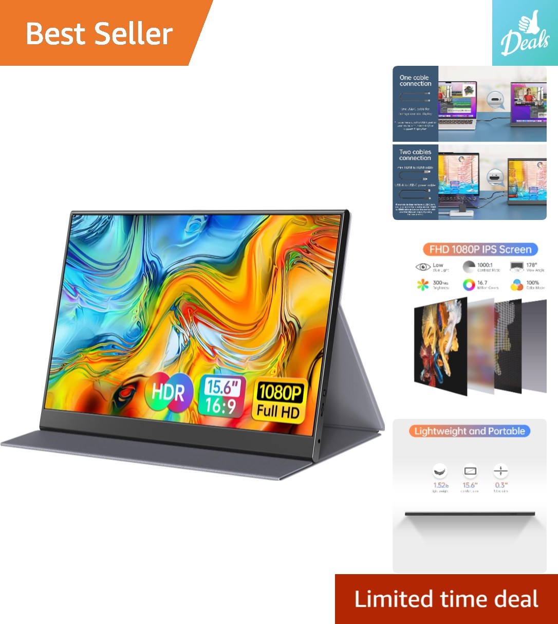 Lightweight 15.6-Inch Portable Gaming Monitor - 1080P Showcasing Vibrant Colors