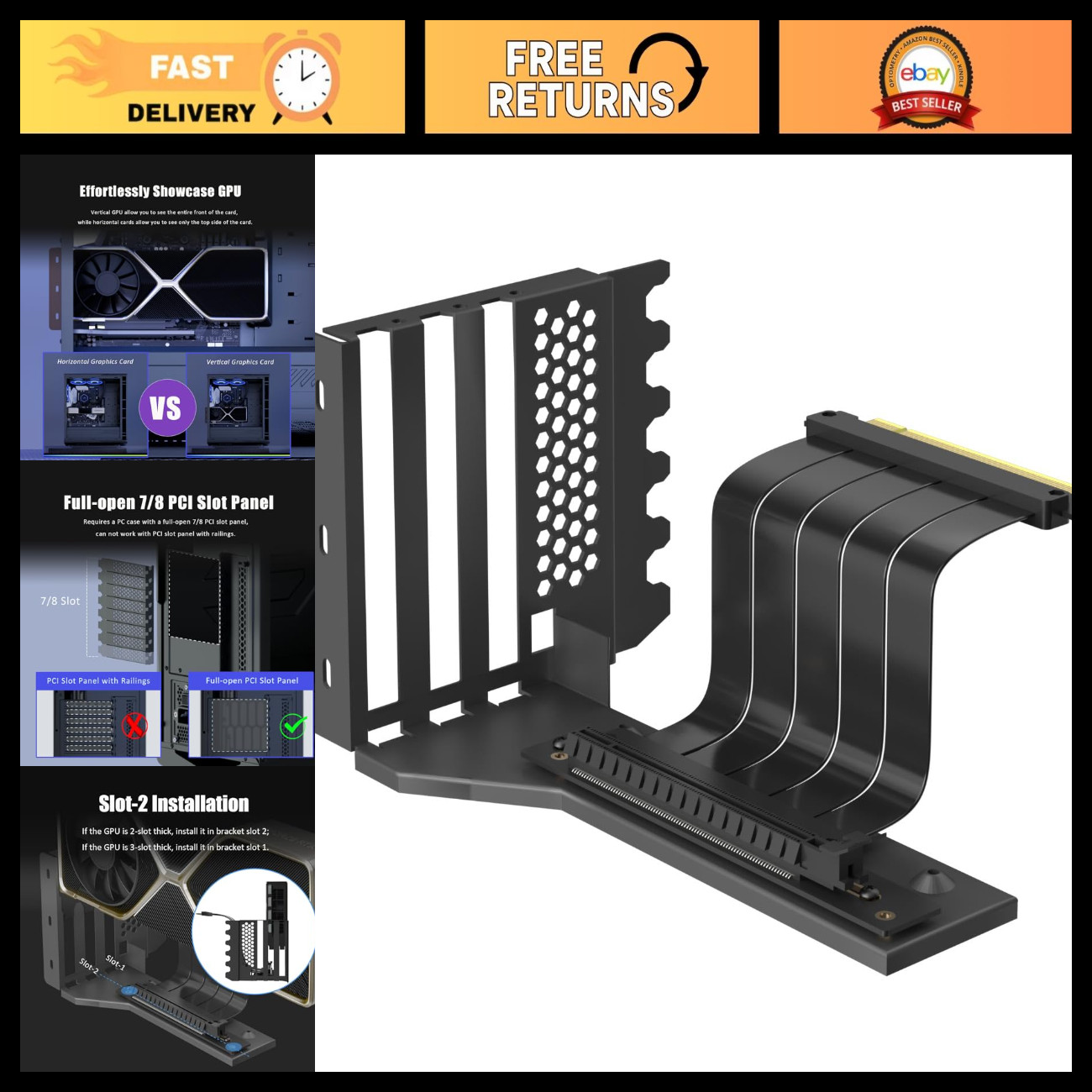 Vertical GPU Mount Bracket PCIe 4.0 - 2-Slot, 7-Slot Open Panel for Easy Install