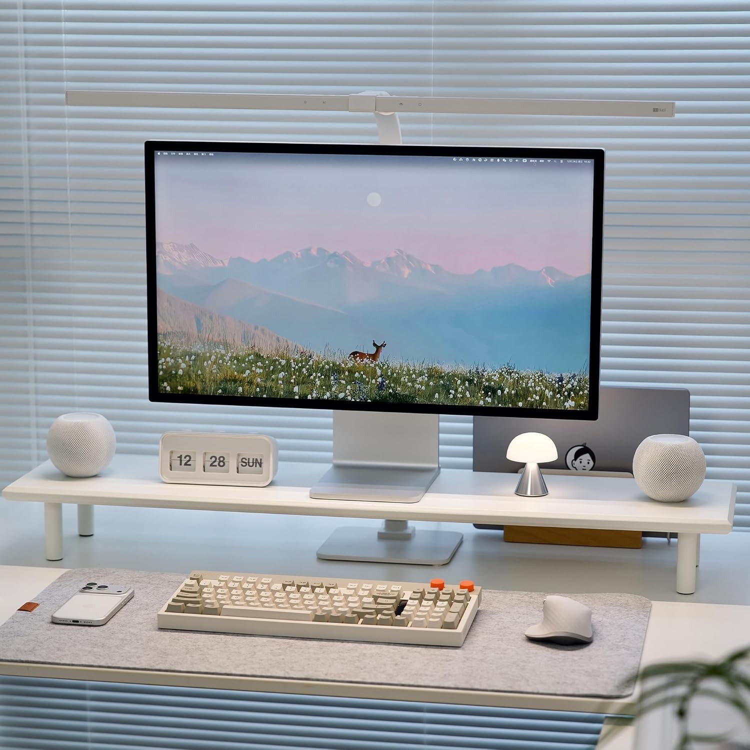 Bamboo Dual Monitor Stand Riser w/ Under-Desk Storage Shelf White