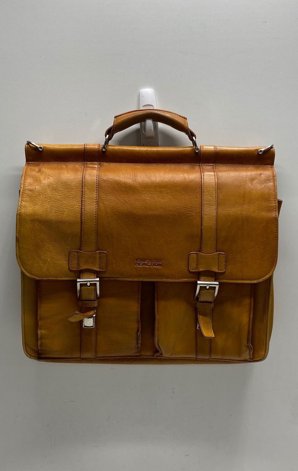 Kenneth Cole Reaction Tan Leather Messenger Briefcase Laptop Bag 4-Pocket