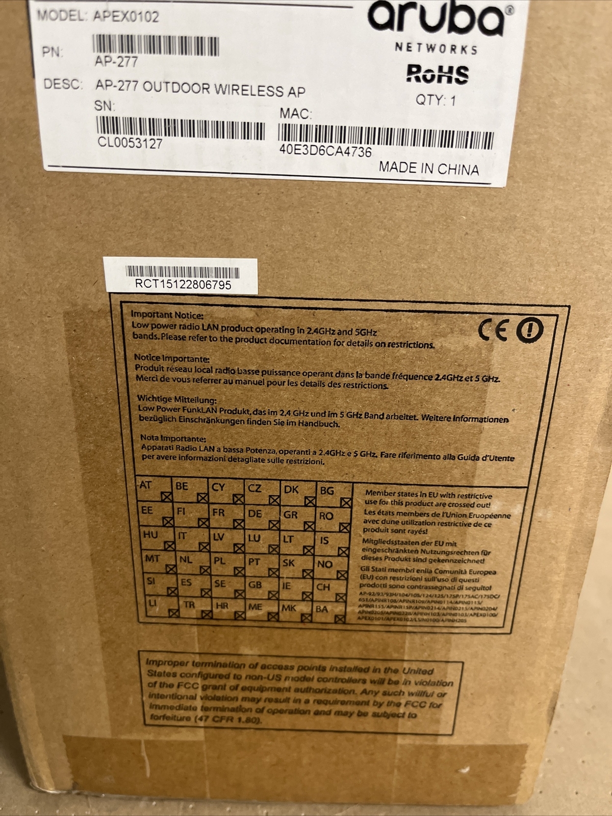 NEW - HPE Aruba Networks AP-277 Outdoor Access Point JW181A - IN BOX
