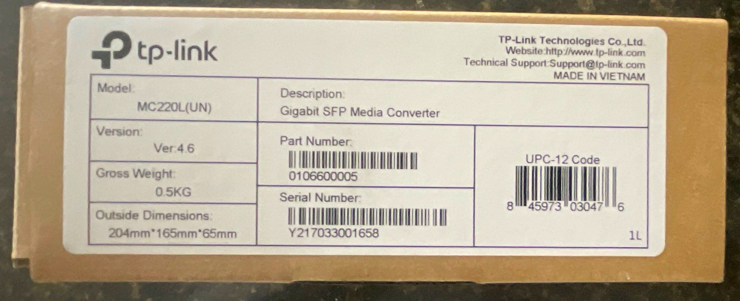 TP-LINK MC220L(UN) Gigabit 1Gbps SFP Media Converter 2-Port 1 Module