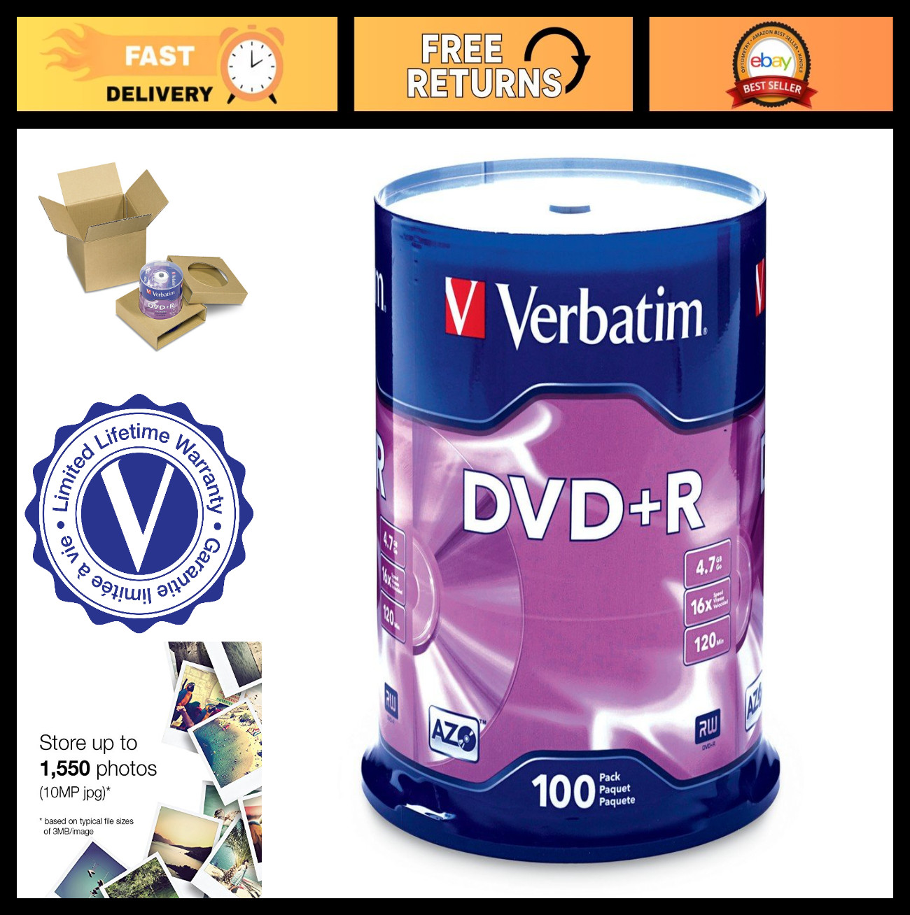100 Pack DVD+R 4.7GB 16x Recordable Discs - AZO Technology, High-Speed Media