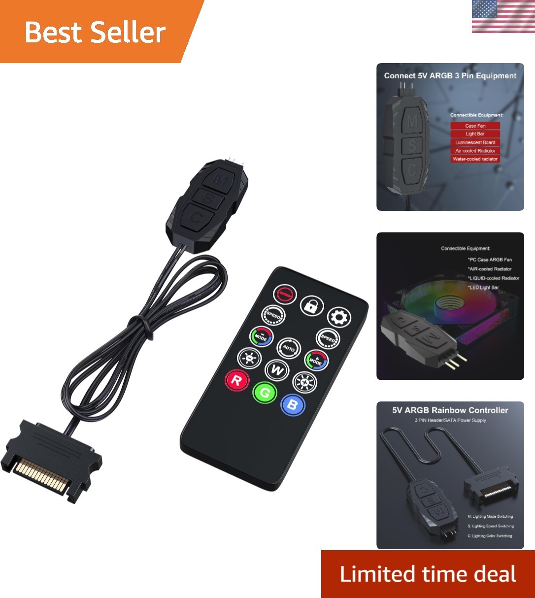 Noise-Free Mini ARGB PC Fan Controller with Remote and Dynamic Lighting Options