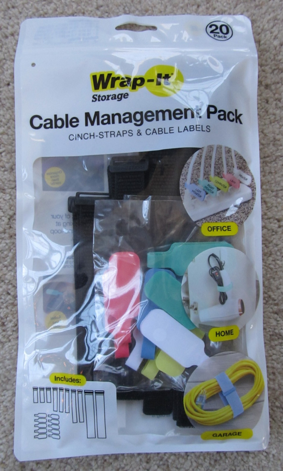 NEW Wrap-It Storage Cable Mgmt Pack -20-Piece Cinch Straps & Cable Labels Bundle