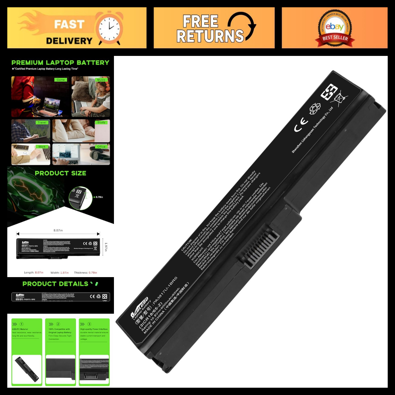 High-Capacity 6000mAh 6-Cell Laptop Battery for Toshiba Satellite A/C/L/M/P Seri