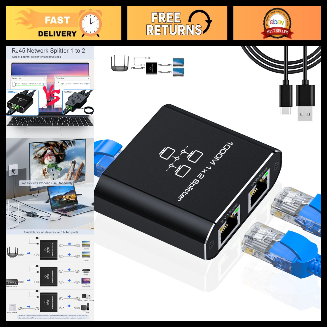 Ethernet Splitter 1 to 2, RJ45 Gigabit Internet Adapter for Cat 8/7/6/5e/5 Cable