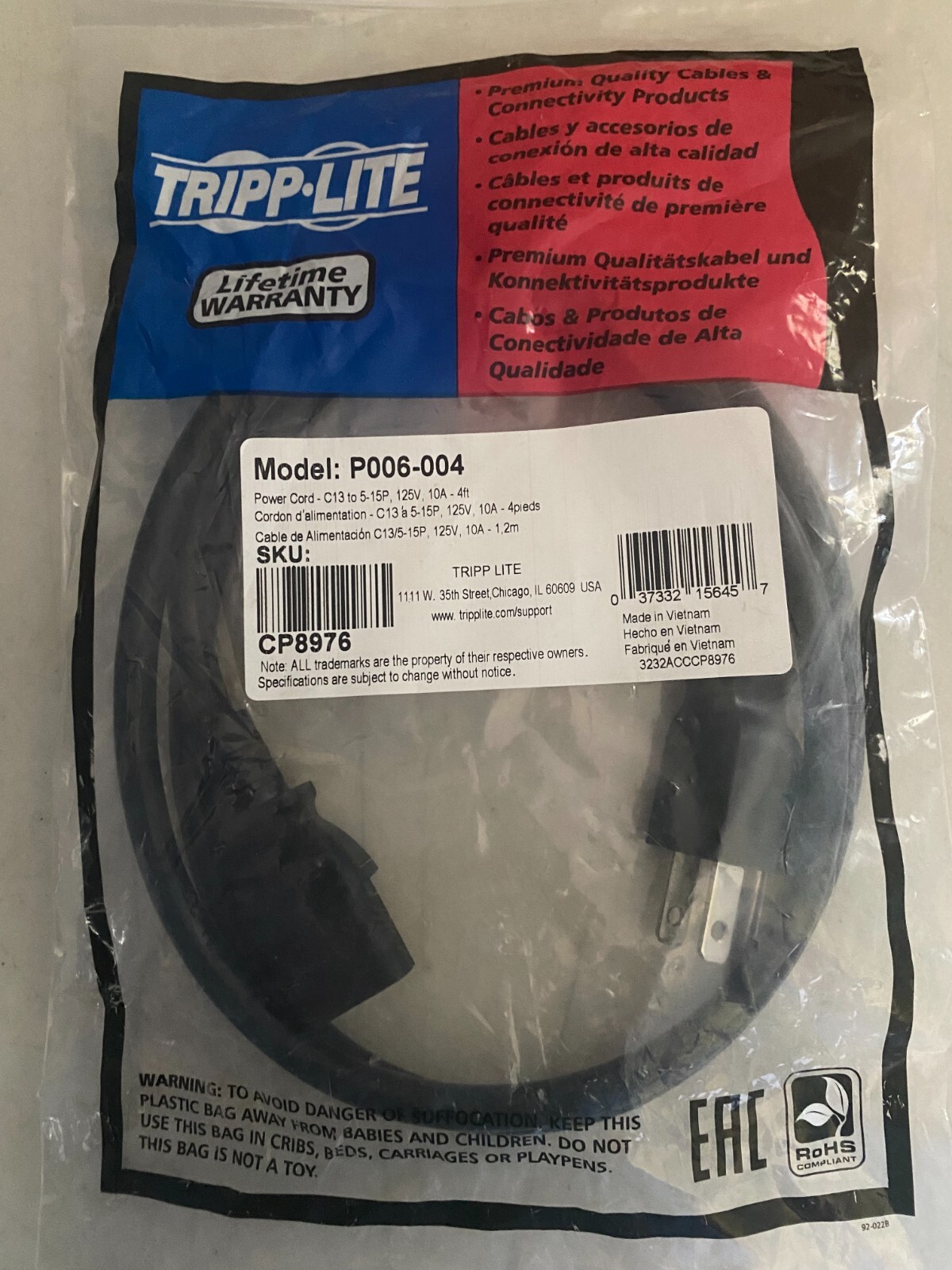 Tripp Lite P006-004 Computer Power Cord 5-15P to C13 Black 10A 18 AWG 4 Ft.