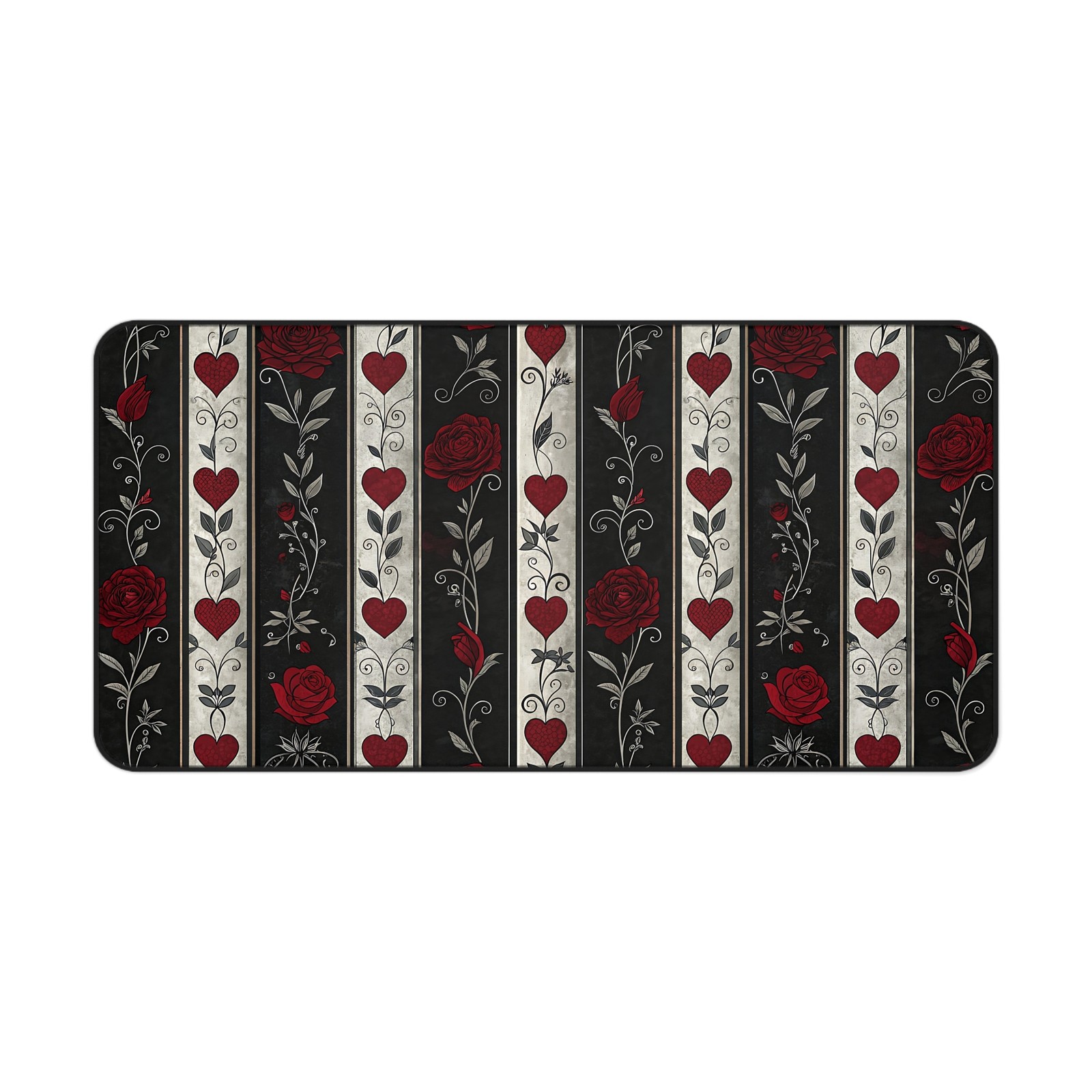 Red Roses and Hearts Desk Mat | Gothic Floral Stripes Mousepad