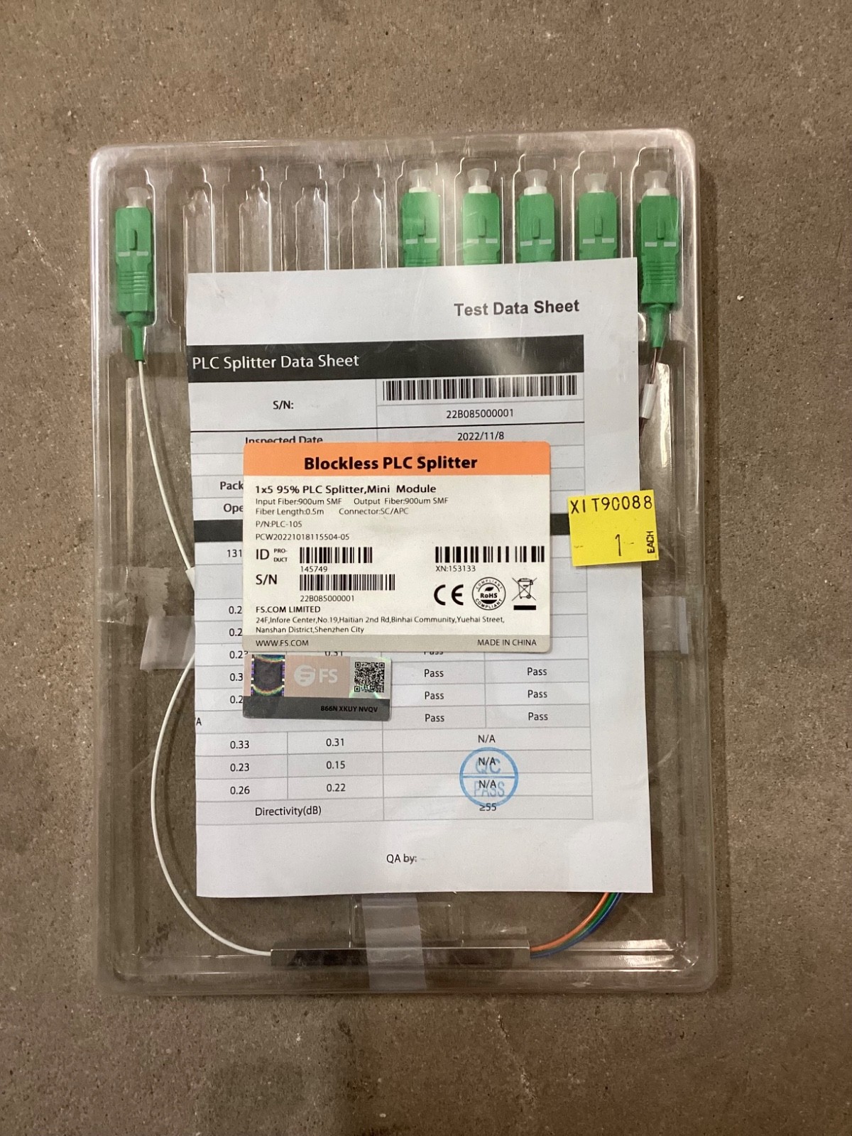 1 x 5 95% PLC Fiber Splitter, Singlemode Mini Module, SC/APC 0.5M 153133 PLC-105