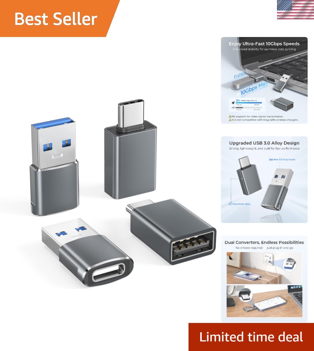 Versatile 4-Pack USB 3.0 Adapter Set for Fast Charging & Data Transfer
