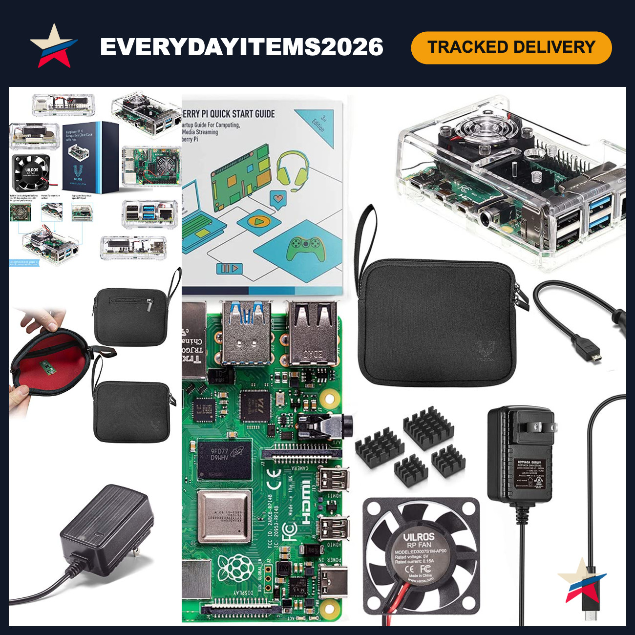 Raspberry Pi 4 Starter Kit with Fan Cooled Case & 7 Accessories - 4GB RAM, Clear