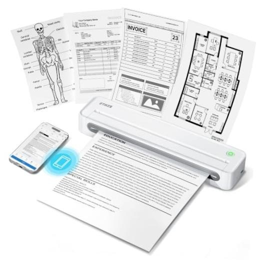 D90E Inkless Portable Thermal Printer for Travel – 8.5" x 11", White |