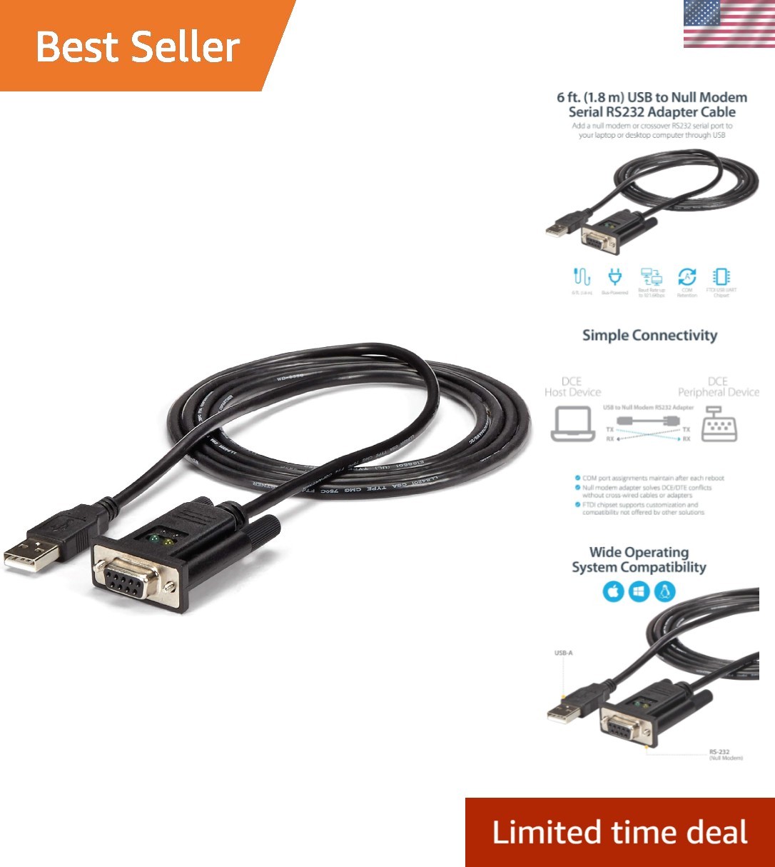 StarTech 6ft RS232 Adapter - USB to Serial Null Modem for Legacy Connectivity
