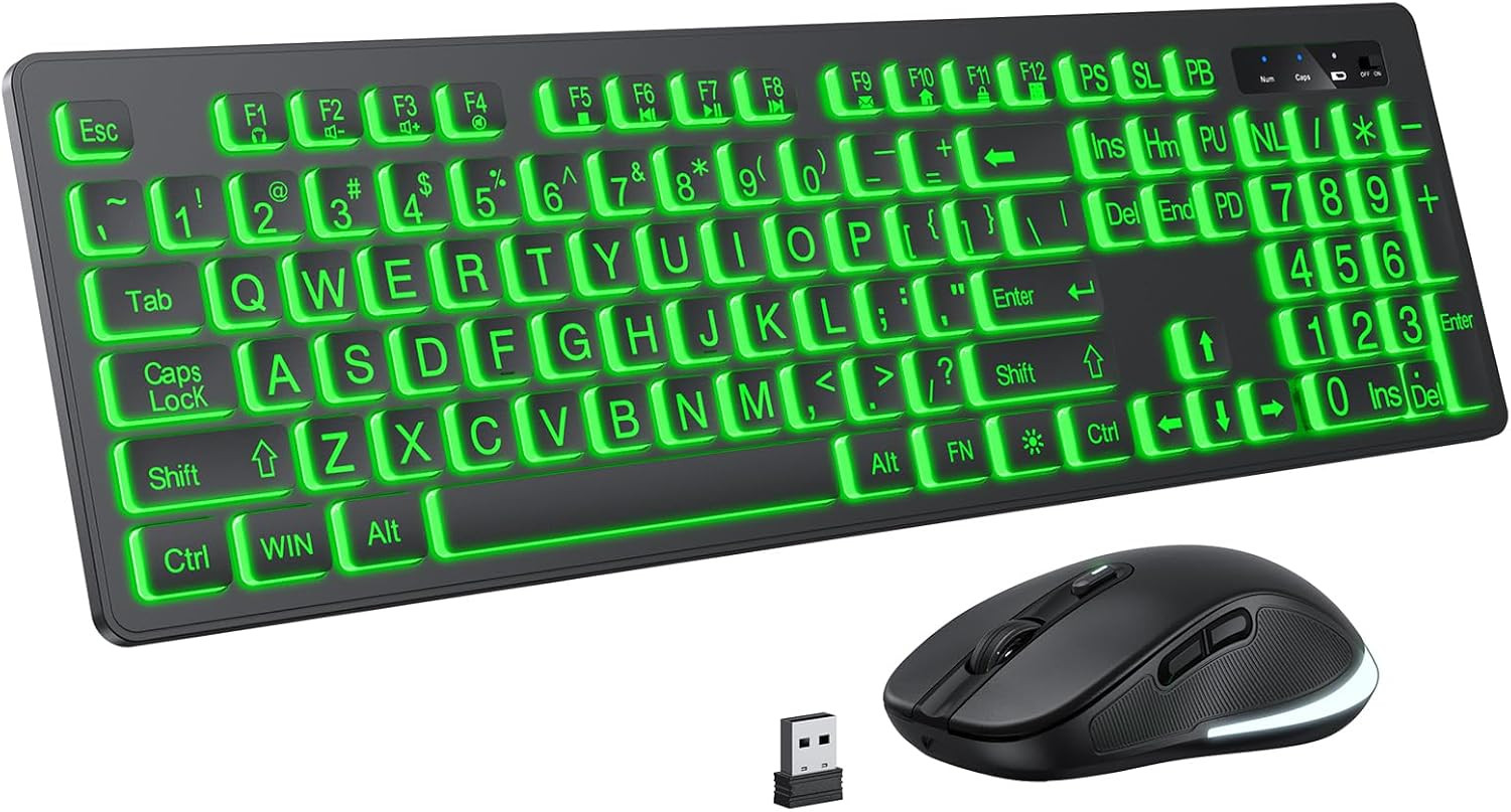 Large Print Wireless Keyboard and Mouse - 7 Colors Backlit Keyboard, Oversize