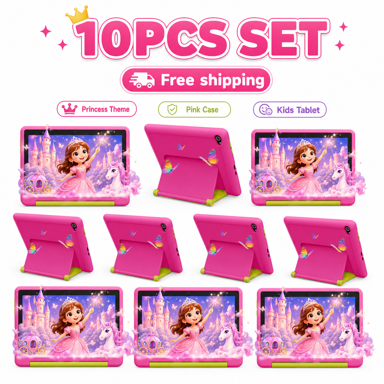 10PCS Pink Tablet Kids Pad Android 15 Octa-Core 20GB+64GB Education W/Shockproof