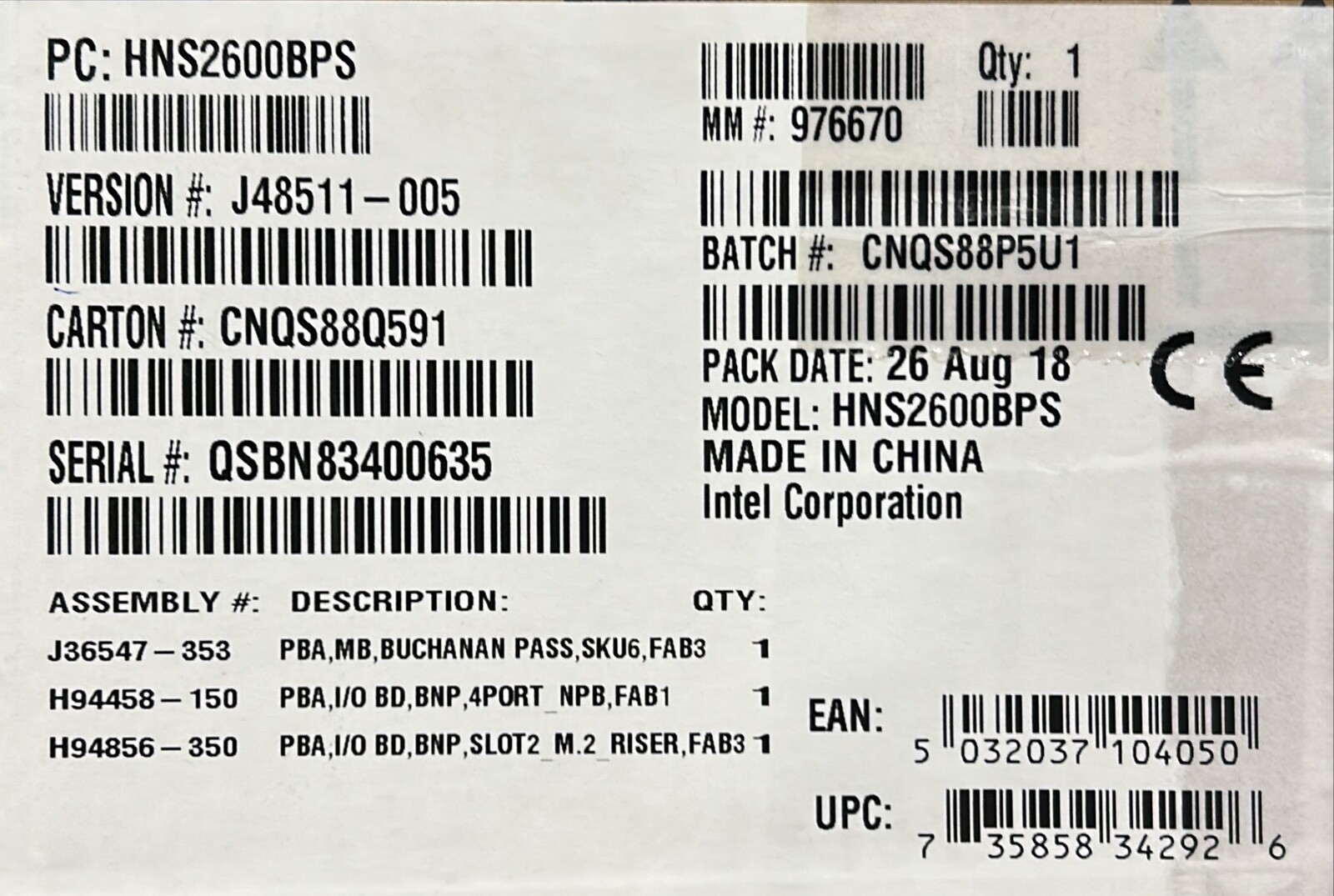 Intel HNS2600BPS Compute Module  2U Rack  Socket P 165 W NEW BROWN BOX