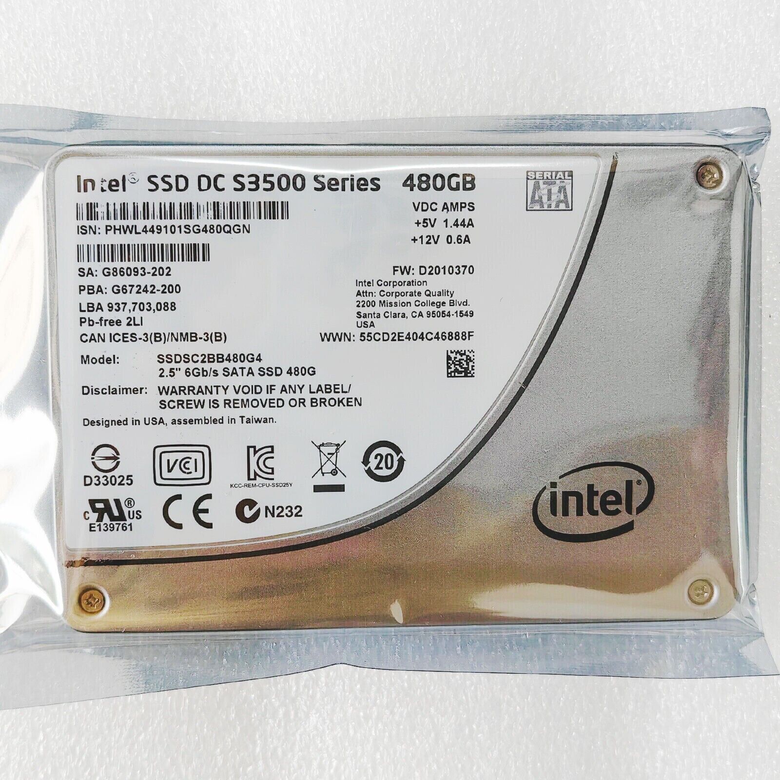 Intel 480GB S4500 DC Series 2.5"" SSD SATA3 Solid State Drive SSDSC2KB480G7