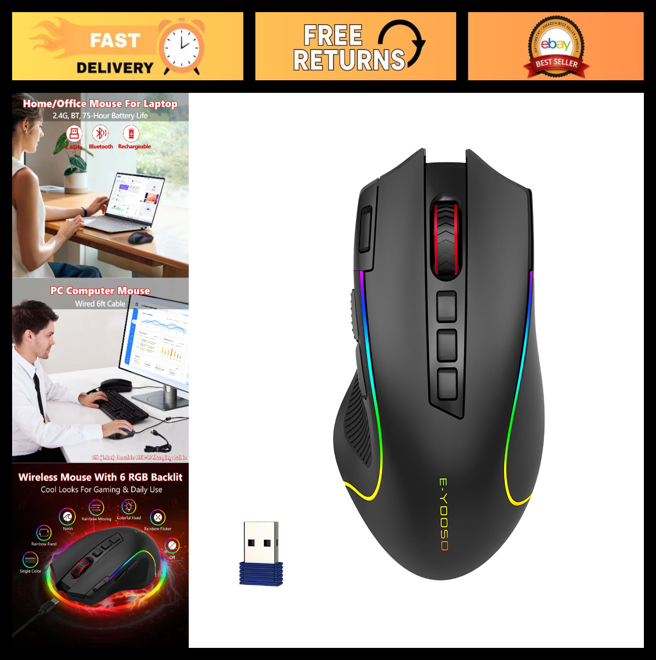 Premium Wireless Bluetooth Mouse, 8000 DPI, 6 RGB Backlit, Versatile Design