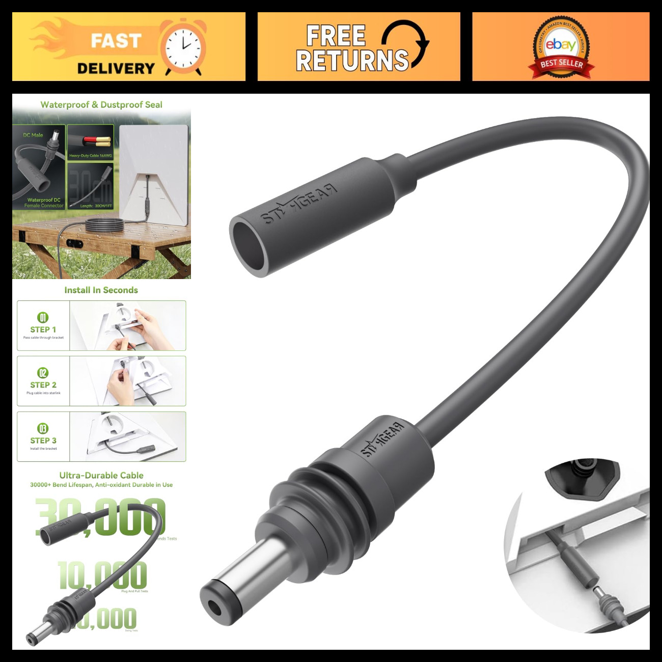 1FT Starlink Mini DC Extension Cable - 16AWG Power Cord for Satellite Dish