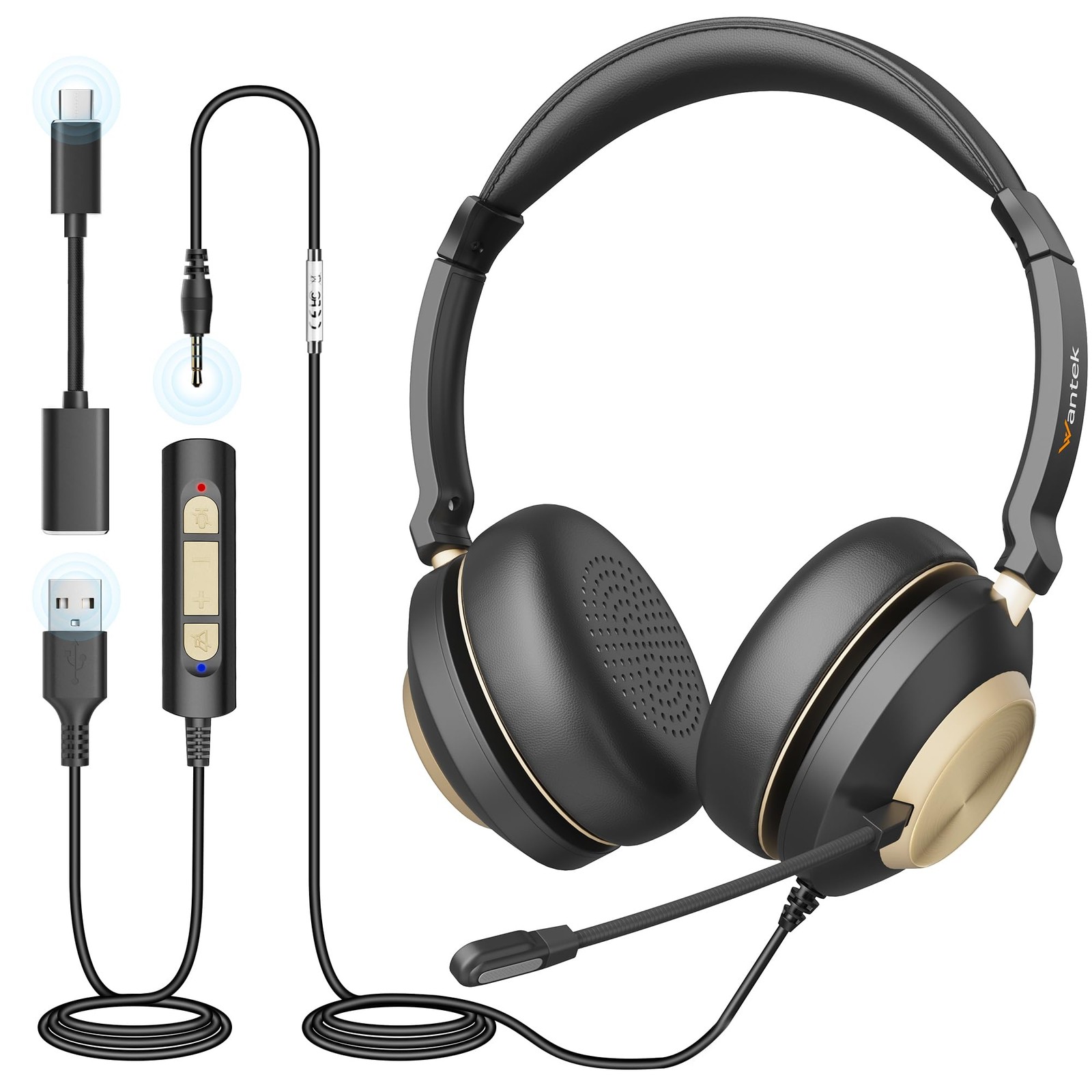 Wantek USB Headset with Microphone, Type-c/USB/3.5mm PO-WK-882FUSB-US, Black